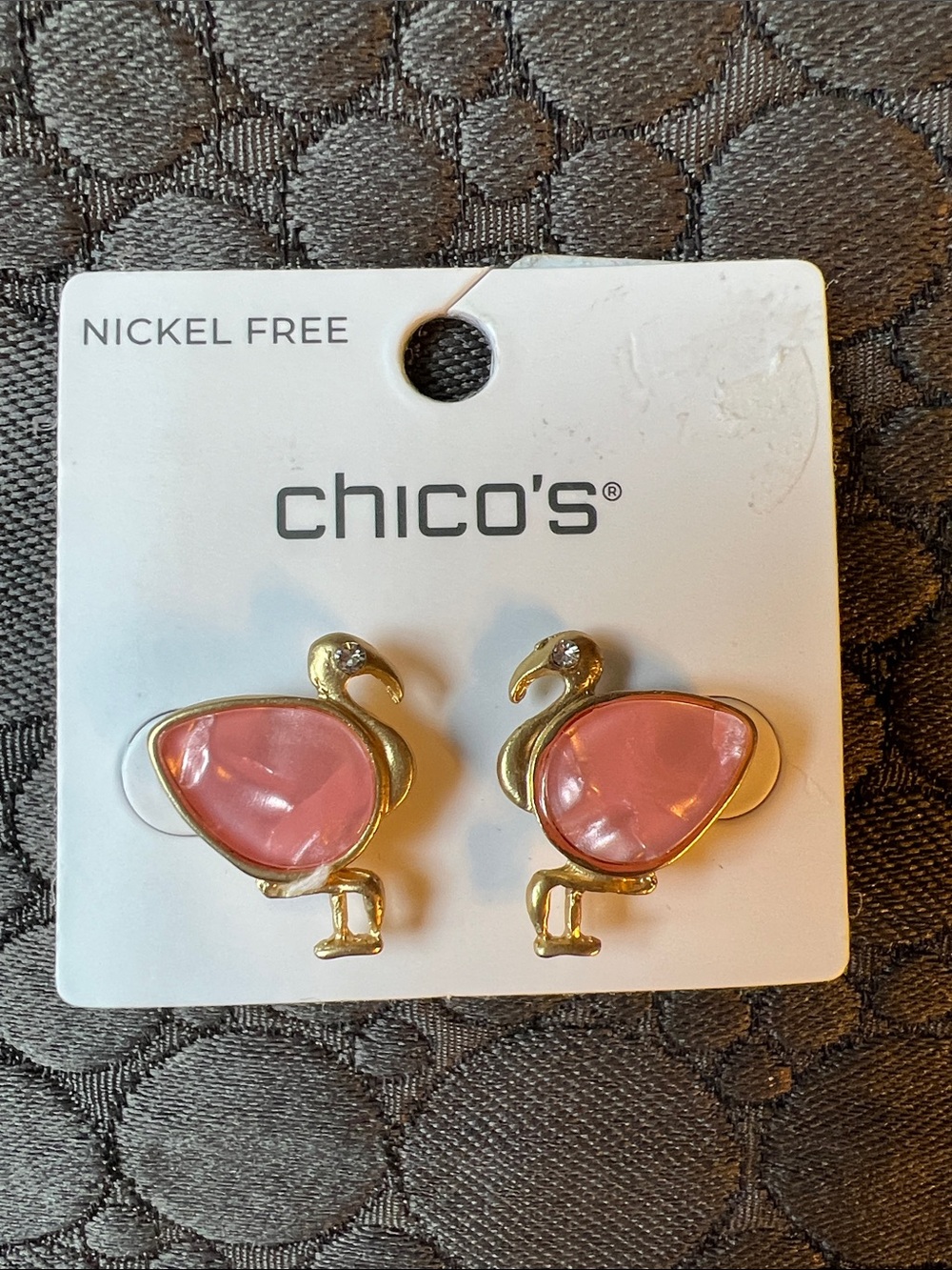 Chico's Brushed Gold-Tone Flamingo Stud Earrings with Pink Enamel Nickel Free